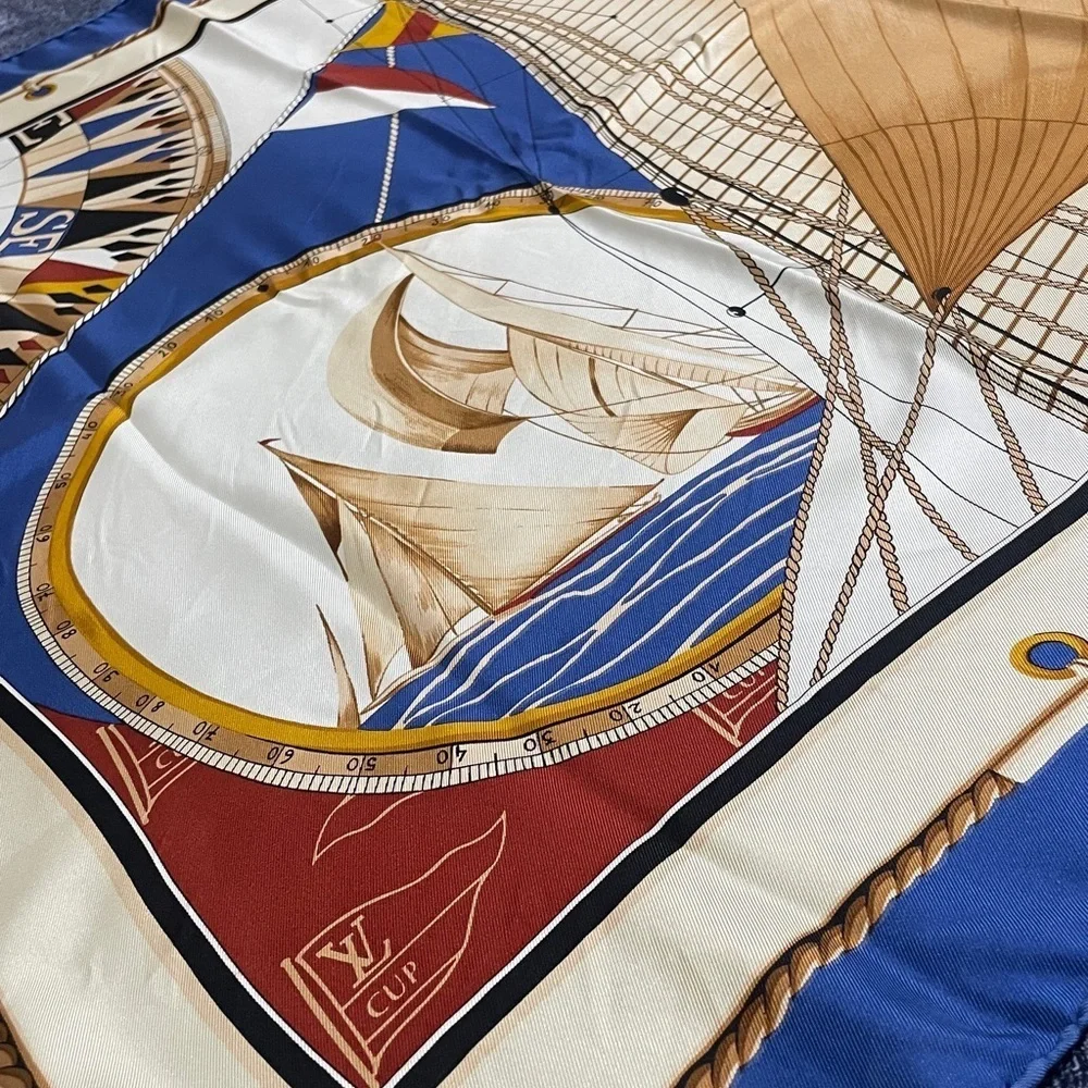 Louis Vuitton Silk Scarf with Nautical Motif in Blue and Cream